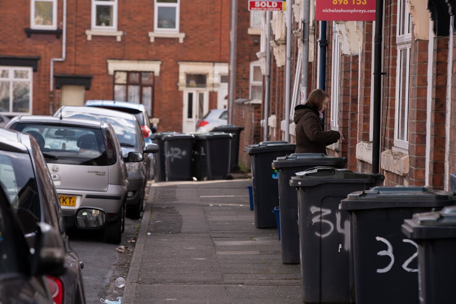 A residential street in New Cross featuring a row of brick terraced houses with sash windows. In the foreground, a series of black wheelie bins with white painted numbers are lined up along the paveme